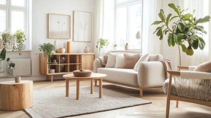 Poster - A Scandinavian-style living room with light wood furniture, a cozy rug, and natural light flooding in, creating a bright and airy feel.