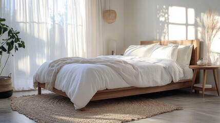 Poster - A Scandinavian-inspired bedroom with a simple wooden bed frame, white bedding, and a cozy rug, creating a bright and airy space.