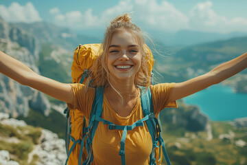 Poster - a young woman smiling as she reaches the top of a mountain, celebrating her accomplishment. concept 
