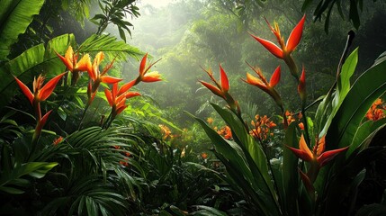 Canvas Print - Lush Tropical Rainforest With Vibrant Bird of Paradise Flowers