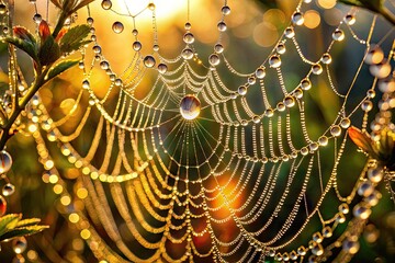 Delicate droplets of dew glisten on intricate threads of a spider's web, illuminated by morning sunlight, revealing the intricate beauty of nature's microscopic world.