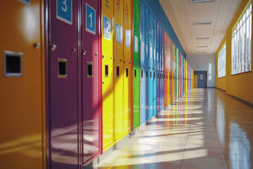  A school hallway lined with colorful lockers, each representing a unique student journey. Concept of individuality. Generative Ai.