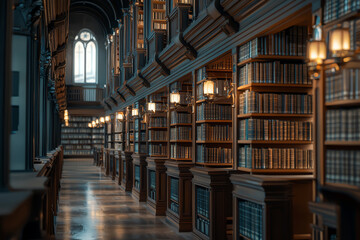 Poster - a quiet library filled with rows of books, offering a space for concentration and study. concept of 