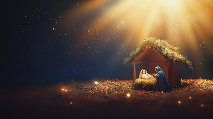 Christmas nativity scene of born child baby Jesus Christ in the manger with Joseph and Mary.illustration Christmas Nativity Scene banner background of baby Jesus in the Christmas with Mary and Joseph.