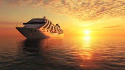 Poster - A serene image of a cruise ship at sunset, with the warm glow of the setting sun reflecting off the ship surface and casting a golden hue across the calm ocean.