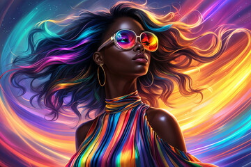 A woman with long, flowing hair and colorful clothing, set against a vibrant background of swirling colors.