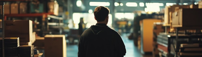 Poster - Man in Black Hoodie Stands in a Warehouse