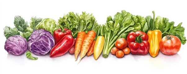  Fresh garden vegetables, food element, watercolor illustration, vibrant colors, isolated on white background