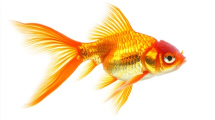 Poster - A side view of a goldfish, with its tail elegantly flowing and fins extended, captured against a clean white background, emphasizing its natural beauty.