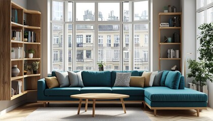 Wall Mural - Chic living room with a teal sectional, wooden shelving, and expansive bay window.