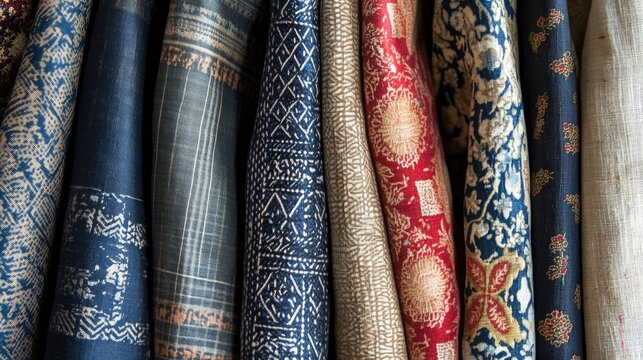A close-up of fabrics with patterns and textures from various parts of the world, highlighting global textile diversity.