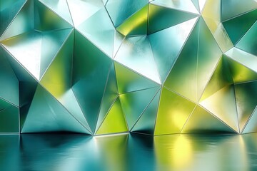 abstract 3d geometric background triangular shapes in lime green and metallic blue dynamic composition futuristic feel sharp angles glossy texture