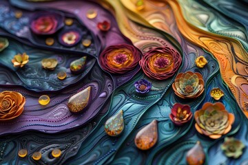 Close-up of a textured, wavy surface adorned with colorful flowers and shimmering drops