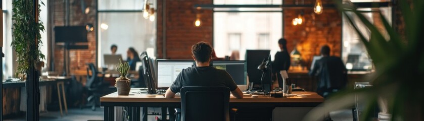Poster - A Man Works at a Desk in a Modern Office Setting