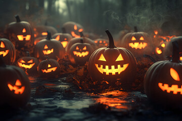 Wall Mural - 3D rendering of many halloween pumpkin background