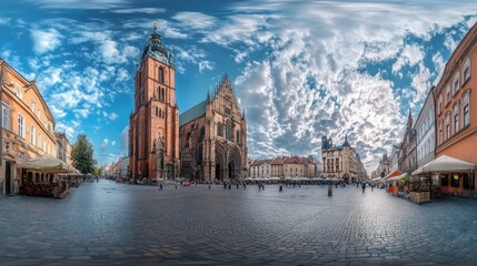 Wall Mural - Krakow Market Square Panoramic. St. Mary's Church in Historical Part of Krakow, Poland