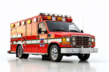 A detailed view of a bright red ambulance with emergency lights, ready for immediate response in a crisis.