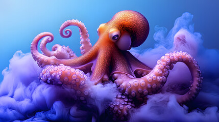 Dramatic octopus emerging from ink cloud with neon spotlight.