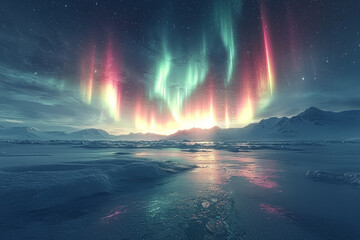 The Northern Lights dancing in the sky above a frozen tundra. Concept of Earth's natural light displays and polar regions.