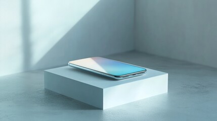 Wall Mural - Modern Smartphone Resting on a White Cube Platform