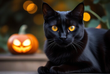 Wall Mural - spooky black cat glowing eyes sitting pumpkin