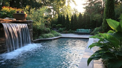 Canvas Print - Serene Backyard Oasis with Pool and Waterfall