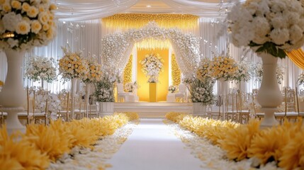 Beautiful floral dcor, yellow, white tones in wedding scene