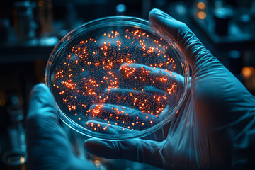 Poster - A scientist holding a petri dish with glowing bacteria, amazed by the discovery. Concept of microbiology and genetic research.