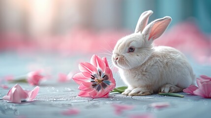 Wall Mural - Cute, fluffy rabbit with a bouquet of tulips in shades of pink on a subtly blurred background.