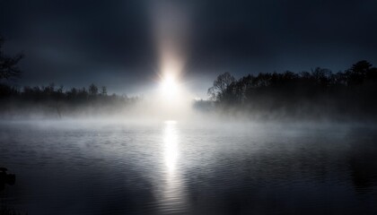 Wall Mural - a mysterious dark scene with a lone beam of light piercing through thick fog on the water