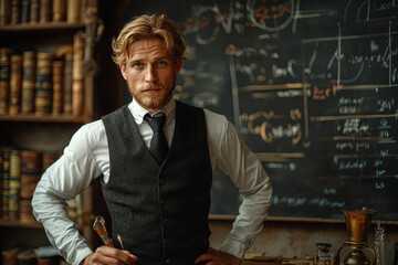 Poster - a physicist writing complex equations on a chalkboard, absorbed in thought. concept of theoretical s