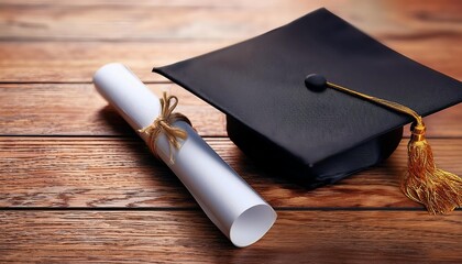 a graduation cap and diploma on a wooden table