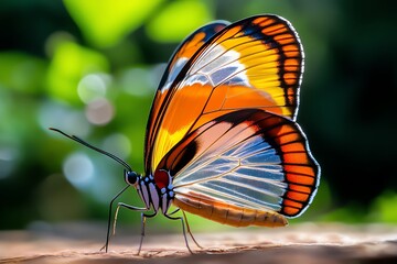 Butterfly with translucent wings, captured in a close-up photo where the light shines through the wings, revealing their delicate, intricate structure