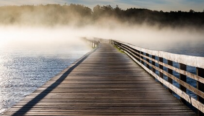 Wall Mural - a boardwalk across water mist rising from the sea