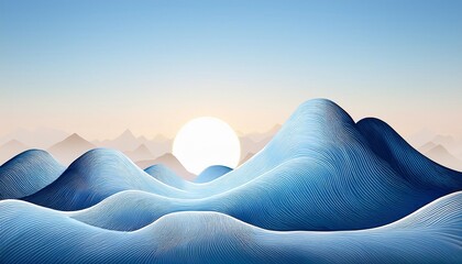 Wall Mural - a serene abstract mountain landscape drawn with soft blue lines and a pale sun rising against a minimalistic sky