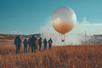 Poster - A group of students launching a weather balloon to study the atmosphere. Concept of atmospheric research and education.