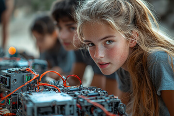 Poster - A group of students building a robot together, excited by their progress. Concept of collaborative learning and robotics.