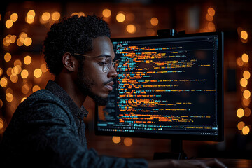 Poster - A computer scientist coding a complex algorithm, focused on the screen. Concept of computer science and programming.