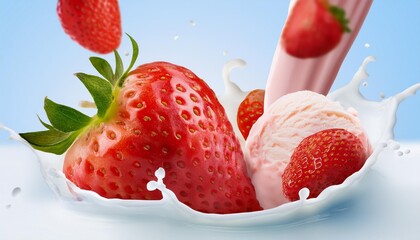 Wall Mural - delicious strawberries dropping into milk and ice cream