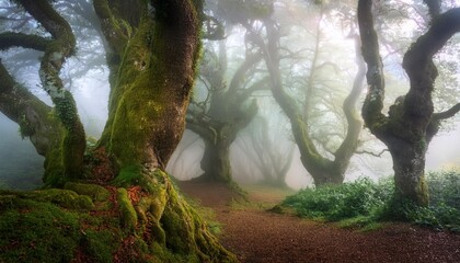 Wall Mural - ancient trees shrouded in mist create an ethereal woodland