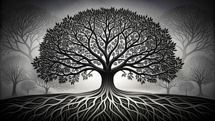 Stylized illustration of a majestic tree with intricate branches and roots, rendered in high-contrast black and white, evoking a sense of timeless elegance and simplicity.