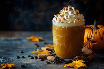 A delicious-looking coffee drink on a table decorated for Halloween. Stock.