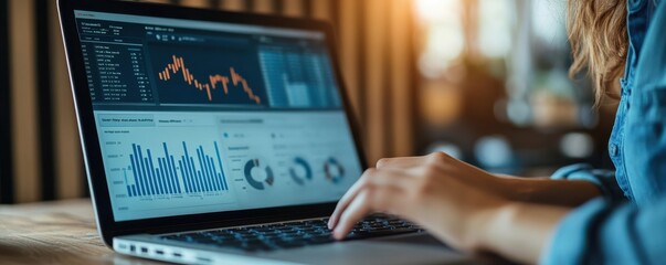Poster - Woman using tax software on laptop with charts and graphs visible on screen in modern workspace setting