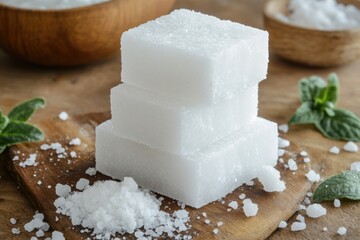 Wall Mural - Automatic Softener Salt Blocks with Building Blocks in Closeup View