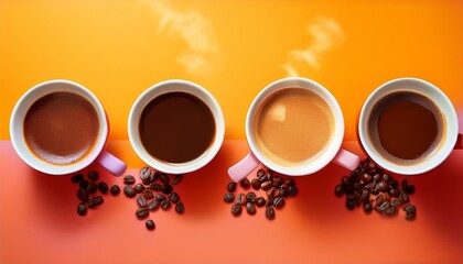 Wall Mural - 4 coffees in cups against a vibrant backdrop each cup brims with aromatic delight adding zest to any setting