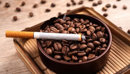 Wall Mural - closeup a cigarette in the ashtray on the wooden coffee beans