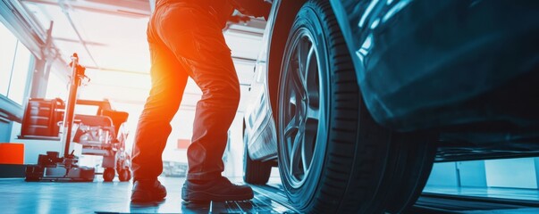 Mechanic inspecting car wheel in a bright auto repair shop with modern equipment and workshop tools, showcasing automotive maintenance and repair work