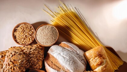 Poster - various carbohydrate rich foods including bread pasta seeds and flour close up unhealthy eating habits