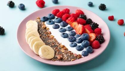 Poster - lose up of a healthy vegan breakfast a plate with healthy superfood fresh berries fruit yogurt chia seeds granola and banana slices on pastel table