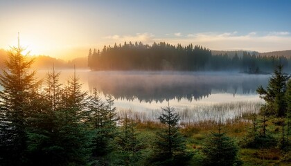 Wall Mural - foggy forest and lake at dawn